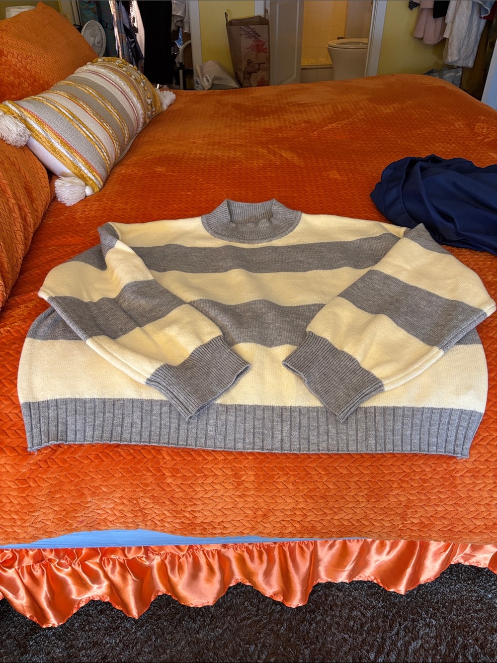 Daisy Women's Crewneck Sweater in Gray and Cream Stripes